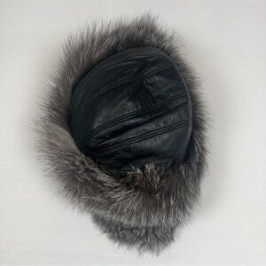 FRR Men Silver Fox Fur Black Leather Trapper Hat Winter Ear Flaps